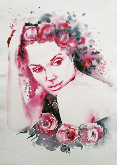 Картина под названием "Portrait of a girl…" - Olga Larina, Подлинное произведение искусства, Акварель