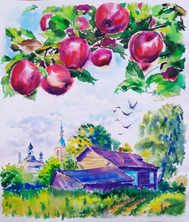 Painting titled "Country house" by Olga Larina, Original Artwork, Watercolor