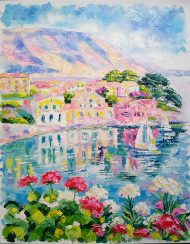 Schilderij getiteld "Greek coast" door Olga Larina, Origineel Kunstwerk, Olie