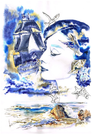 Painting titled "Sea Nymph" by Olga Larina, Original Artwork, Watercolor