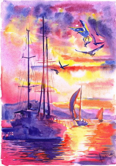 Картина под названием "Yachts at sunset" - Olga Larina, Подлинное произведение искусства, Акварель