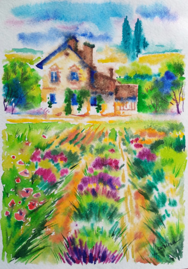 Malerei mit dem Titel "Farmhouse in Proven…" von Olga Larina, Original-Kunstwerk, Aquarell