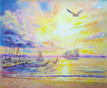 Painting titled "Ocean sunset with s…" by Olga Larina, Original Artwork, Oil
