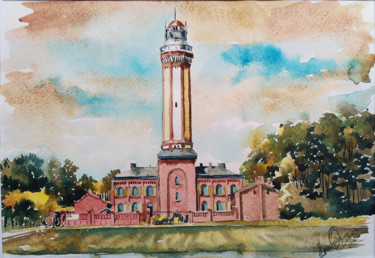 Painting titled "Retro lighthouse" by Olga Larina, Original Artwork, Watercolor