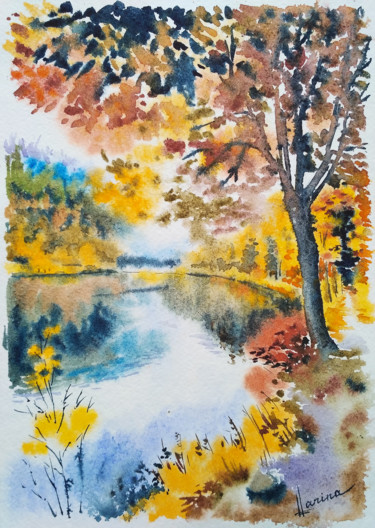Pittura intitolato "Forest lake" da Olga Larina, Opera d'arte originale, Acquarello