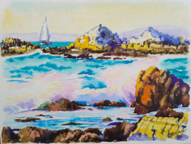 Painting titled "Ocean coastal rocks" by Olga Larina, Original Artwork, Watercolor