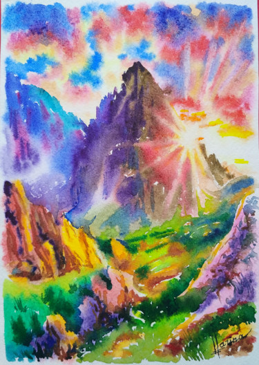 Картина под названием "Sun in the mountains" - Olga Larina, Подлинное произведение искусства, Акварель