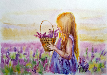 Malerei mit dem Titel "Girl in lavender fi…" von Olga Larina, Original-Kunstwerk, Aquarell