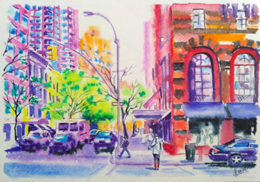 Malerei mit dem Titel "New York City street" von Olga Larina, Original-Kunstwerk, Aquarell