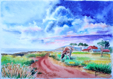 Malerei mit dem Titel "Farm" von Olga Larina, Original-Kunstwerk, Aquarell