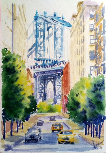 Peinture intitulée "Brooklyn bridge" par Olga Larina, Œuvre d'art originale, Aquarelle