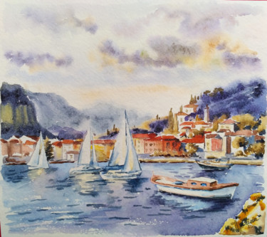 Malerei mit dem Titel "Coastal town" von Olga Larina, Original-Kunstwerk, Aquarell