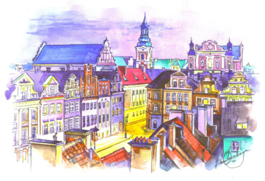绘画 标题为“Evening town” 由Olga Larina, 原创艺术品, 水彩
