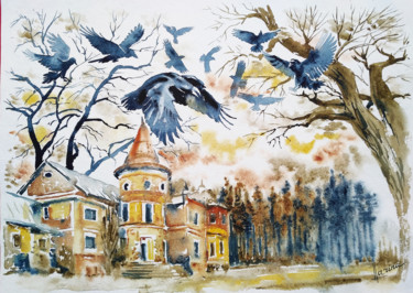 Painting titled "Ravens over the old…" by Olga Larina, Original Artwork, Watercolor