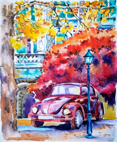 Schilderij getiteld "Retro car" door Olga Larina, Origineel Kunstwerk, Aquarel