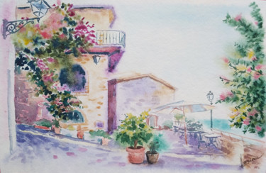 Pintura intitulada "Mediterranean town" por Olga Larina, Obras de arte originais, Aquarela