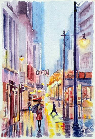 Peinture intitulée "Rainy new york" par Olga Larina, Œuvre d'art originale, Aquarelle