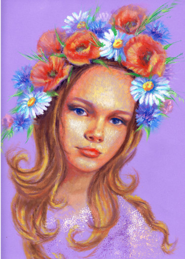 Painting titled "Girl in a wreath" by Olga Larina, Original Artwork, Acrylic