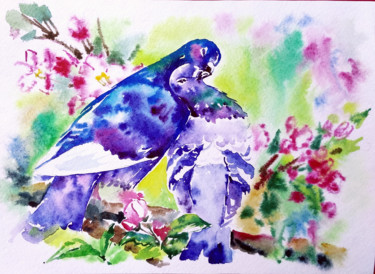 Painting titled "A couple of pigeons" by Olga Larina, Original Artwork, Watercolor