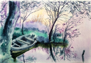 Картина под названием "Old boat in a misty…" - Olga Larina, Подлинное произведение искусства, Акварель