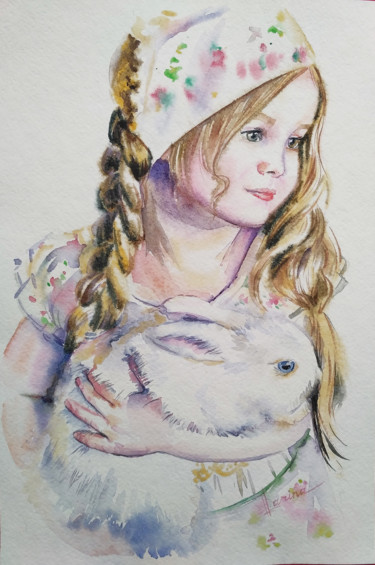 Painting titled "Little girl with ra…" by Olga Larina, Original Artwork, Watercolor