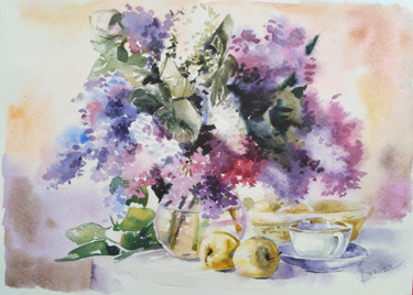 Painting titled "Lilacs bouquet" by Olga Larina, Original Artwork, Watercolor