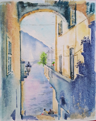 Malerei mit dem Titel "Italian town" von Olga Larina, Original-Kunstwerk, Aquarell