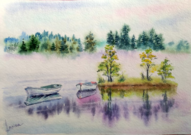 Painting titled "Misty river" by Olga Larina, Original Artwork, Watercolor