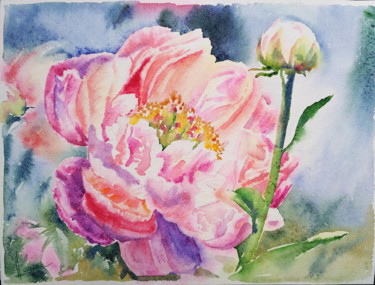 Painting titled "Peony scent" by Olga Larina, Original Artwork, Watercolor