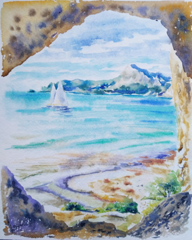 Картина под названием "Grotto on the coast" - Olga Larina, Подлинное произведение искусства, Акварель