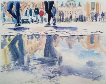 Painting titled "Urban reflection" by Olga Larina, Original Artwork, Watercolor