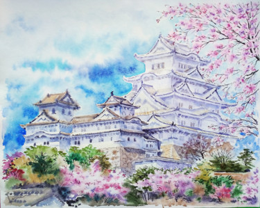 Painting titled "Japanese castle Him…" by Olga Larina, Original Artwork, Watercolor