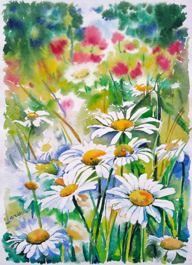 Peinture intitulée "Chamomile meadow" par Olga Larina, Œuvre d'art originale, Aquarelle