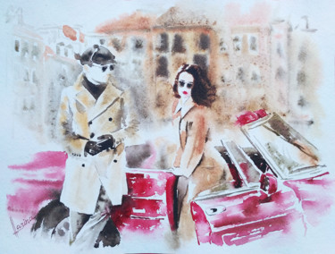 Malerei mit dem Titel "Couple in retro sty…" von Olga Larina, Original-Kunstwerk, Aquarell
