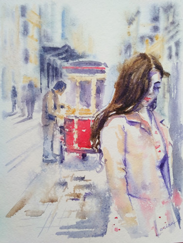 Painting titled "Girl in the city" by Olga Larina, Original Artwork, Watercolor