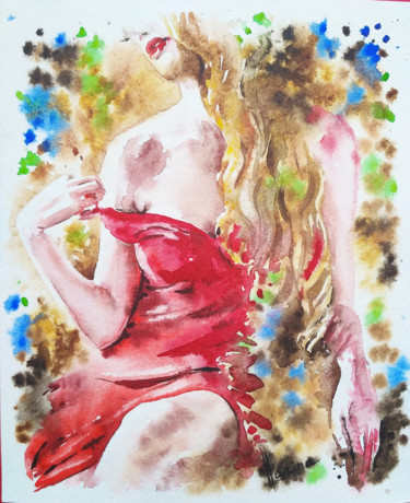 Painting titled "Lady in red" by Olga Larina, Original Artwork, Watercolor