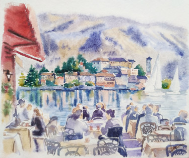 Painting titled "Cafe on the coast" by Olga Larina, Original Artwork, Watercolor