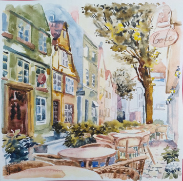 Peinture intitulée "Cafe on the old str…" par Olga Larina, Œuvre d'art originale, Aquarelle