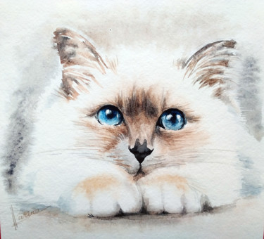 Pintura intitulada "White kitten" por Olga Larina, Obras de arte originais, Aquarela