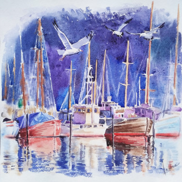 Painting titled "Yachts pier" by Olga Larina, Original Artwork, Watercolor