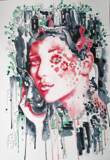 Картина под названием "Urban jungle" - Olga Larina, Подлинное произведение искусства, Акварель