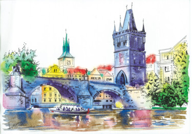 Pintura titulada "Charles bridge. Pra…" por Olga Larina, Obra de arte original, Acuarela