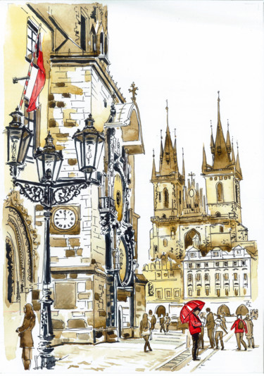 Painting titled "Prague. Old archite…" by Olga Larina, Original Artwork, Watercolor