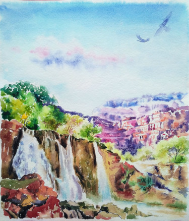 Schilderij getiteld "Canyon waterfall" door Olga Larina, Origineel Kunstwerk, Aquarel