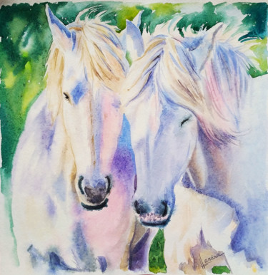 Peinture intitulée "A couple of horses" par Olga Larina, Œuvre d'art originale, Aquarelle