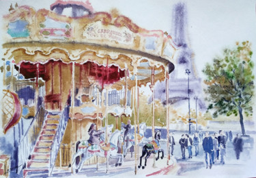 Malarstwo zatytułowany „Paris carousel” autorstwa Olga Larina, Oryginalna praca, Akwarela