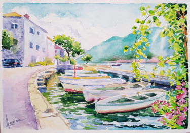 Картина под названием "Boats on the coast" - Olga Larina, Подлинное произведение искусства, Акварель