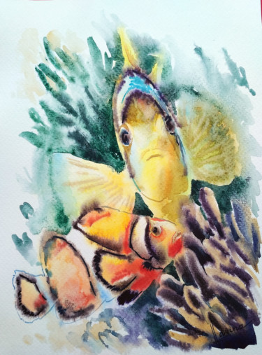 Pittura intitolato "Coral fish" da Olga Larina, Opera d'arte originale, Acquarello