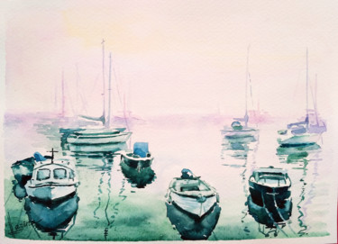 Malerei mit dem Titel "Boats in the fog" von Olga Larina, Original-Kunstwerk, Aquarell