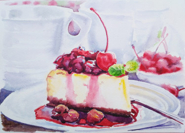 Painting titled "Cherry cheesecake" by Olga Larina, Original Artwork, Watercolor